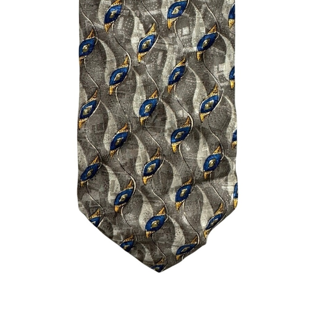 Robert Talbott Studio Mens Silk Tie Taupe Blue Gold Geometric Teardrop Hand Sewn